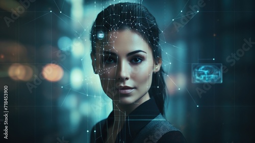 The face of artificial intelligence with blue light and green lines in the background, in the style of futuristic contraptions, uhd image, textural portraits, mind-bending murals, depth of field photo