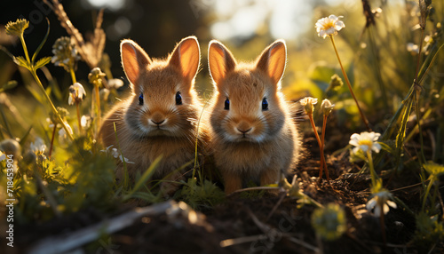 Cute young rabbit sitting in green meadow, enjoying nature generated by AI