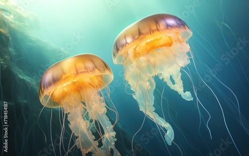 A jellyfish that swims in the ocean with clear water