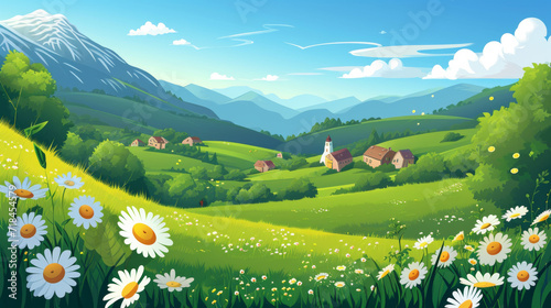 Panorama view of spring village with green meadow on hills with blue sky .