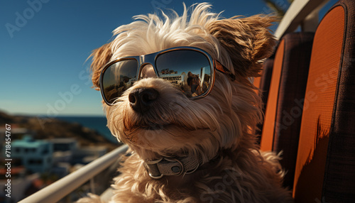 Cute puppy wearing sunglasses, sitting outdoors, looking at camera generated by AI © Jeronimo Ramos