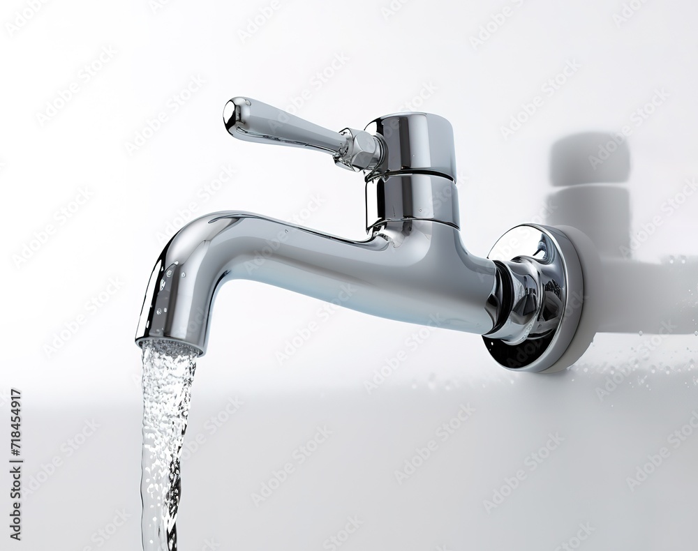 Stainless steel faucet With flowing water in photo on white Background. generative AI Stainless steel faucet With flowing water in photo on white Background. generative AI