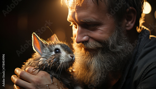 Cute men embracing small furry pets, outdoors, smiling with happiness generated by AI