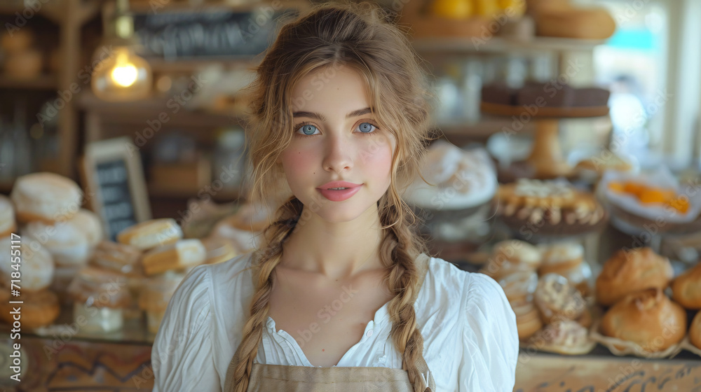 a charming young girl baking in a bakery.