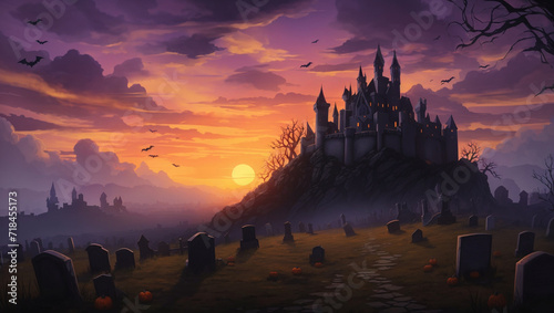 A painting of a sunset with a castle in the background