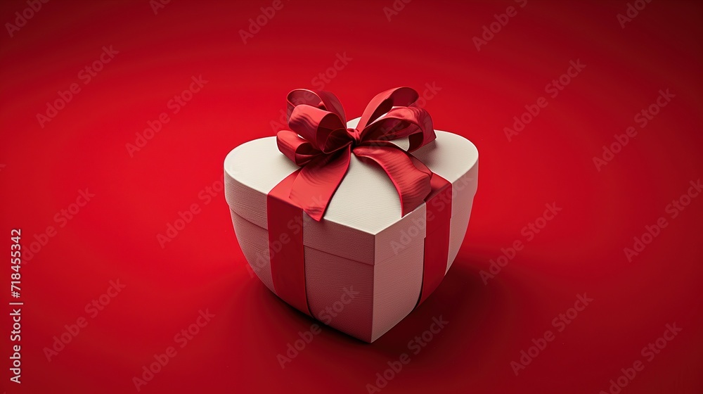 monochromatic red background. A white heart shaped gift box is prominently displayed wrapped with an elegant red ribbon tied into a bow. Ai generated