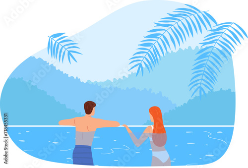 Couple holding hands by the lake, man and woman enjoying water view with mountains, palm leaves frame scene. Romantic getaway, nature lovers' moment vector illustration.