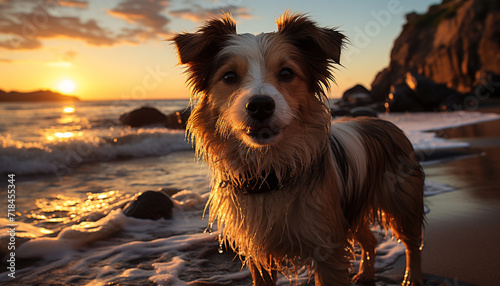 A cute puppy sitting on the sand, looking at the sunset generated by AI