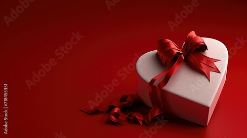 monochromatic red background. A white heart shaped gift box is prominently displayed wrapped with an elegant red ribbon tied into a bow. Ai generated