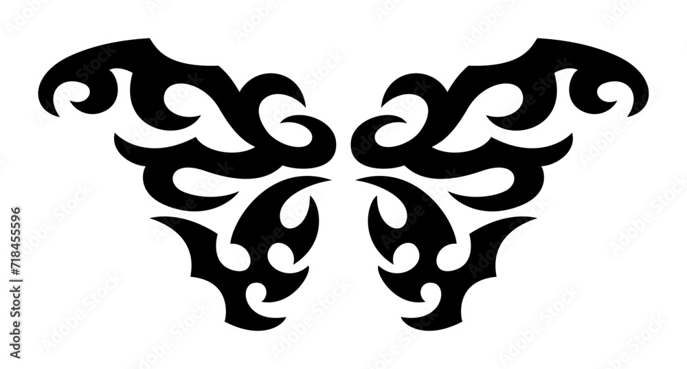 Y2K Tattoo Butterfly. Neo Tribal Tattoo Wings. Vector Black Gothic Element in Cyber Sigilism 2000s Style