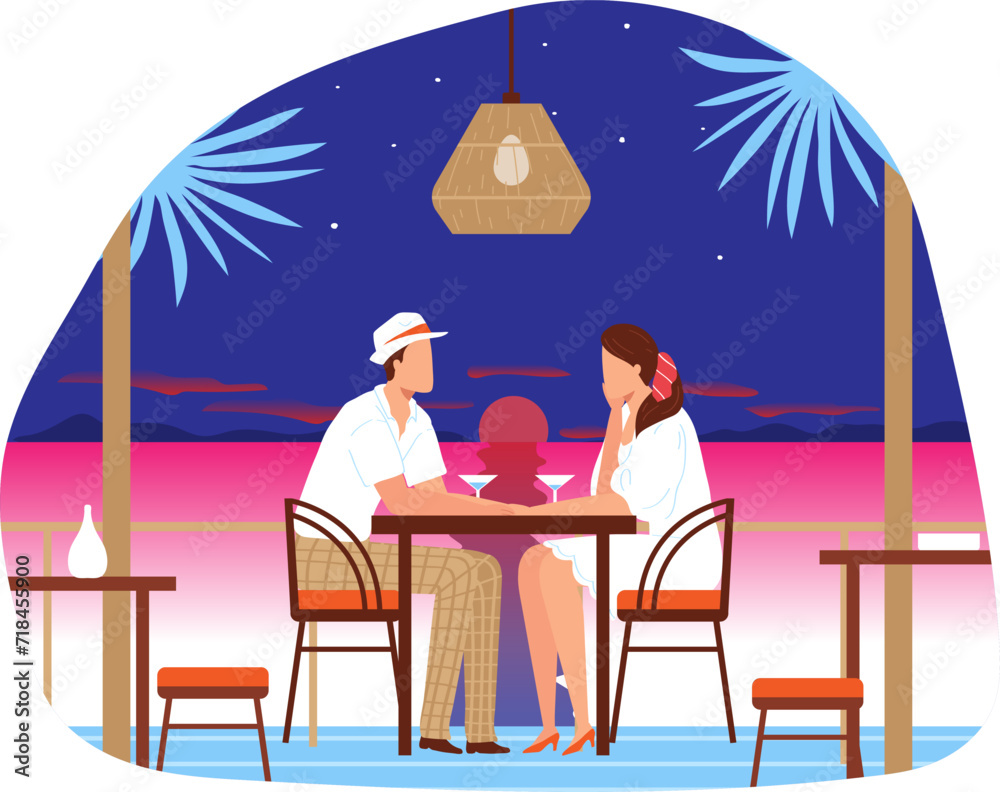 Couple sitting at beach restaurant during sunset. Romantic dinner with ocean view, tropical setting. Love, relationship and vacation concept vector illustration. Couple sitting at beach restaurant during sunset. Romantic dinner with ocean view, tropical setting. Love, relationship and vacation concept vector illustration.