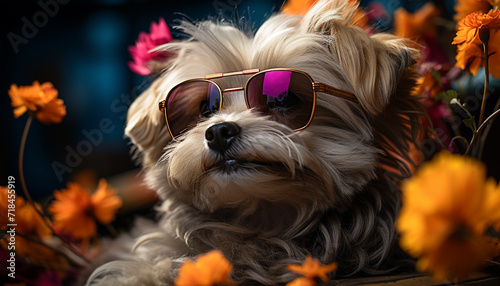 Cute puppy wearing sunglasses sits outdoors, looking at camera generated by AI