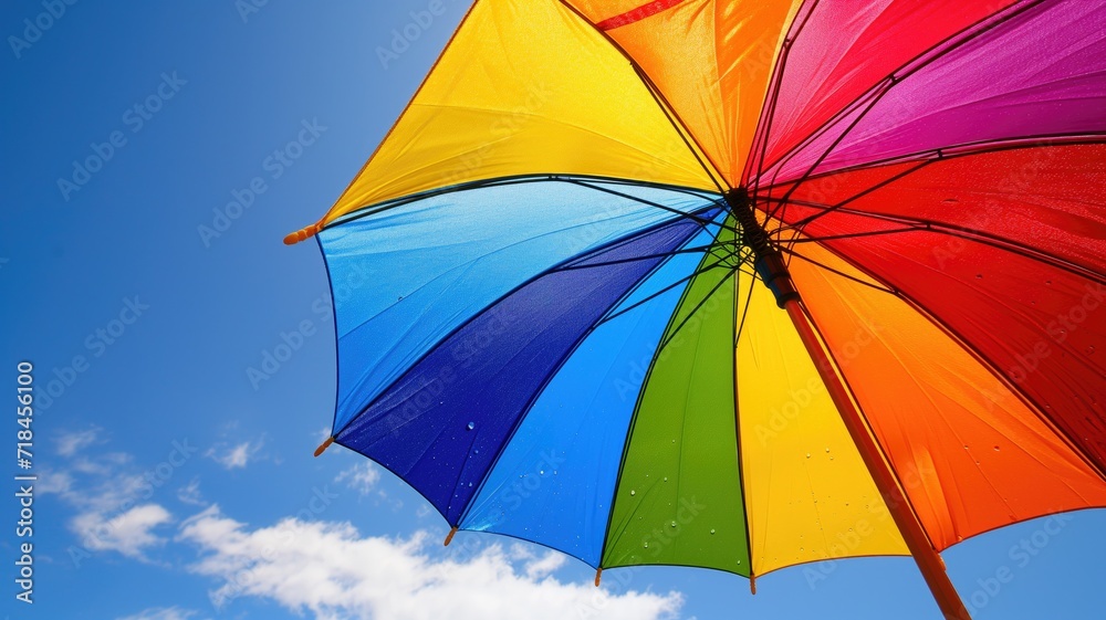 Multicolored umbrella opened against a clear blue sky