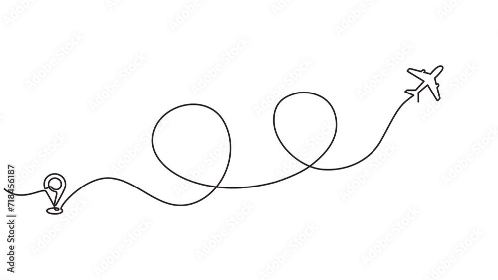 Continuous one line animation. Hand drawn animated motion graphic element of airplane path of an airplane flight route with starting point and one line trace. 4k videos