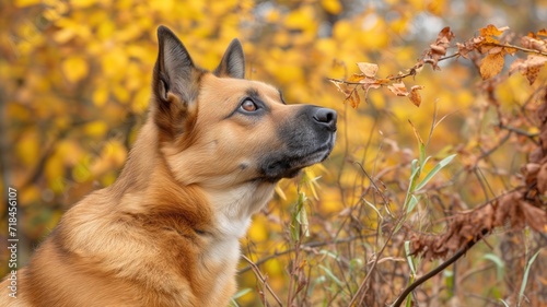 A German Shepherd smelling autumn leaves