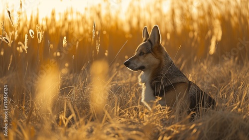 Dog in golden field at sunset, reflective mood © Artyom