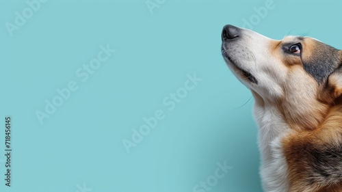 A beagle looking up, profile against a soft blue background photo