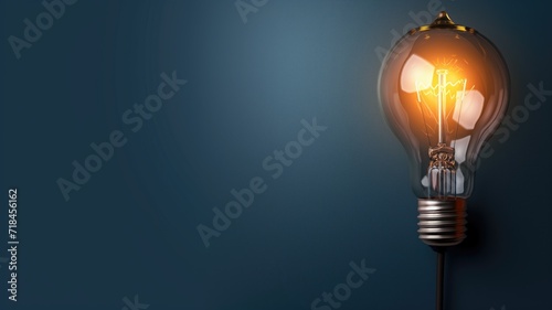 Classic Edison light bulb on with soft blue background