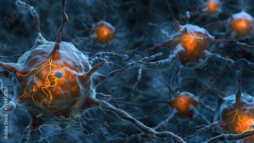 Neuron with glowing orange connections in a dark neural network