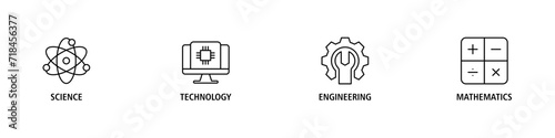 STEM banner web icon vector illustration concept for science, technology, engineering, mathematics education with icon of flask, microscope, artificial intelligence, processor, machine, and calculator