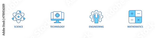 STEM banner web icon vector illustration concept for science, technology, engineering, mathematics education with icon of flask, microscope, artificial intelligence, processor, machine, and calculator