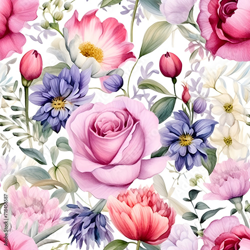 Watercolor seamless pattern with spring floral bouquets. Vintage botanical illustration, Elegant decoration for any kind of a design, Fashion print with colorful abstract flowers. Hand draw artwork
