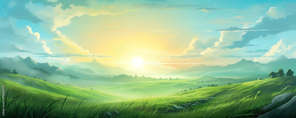 Obraz premium An illustration of a landscape with green grass and bright sunlight. Generative AI