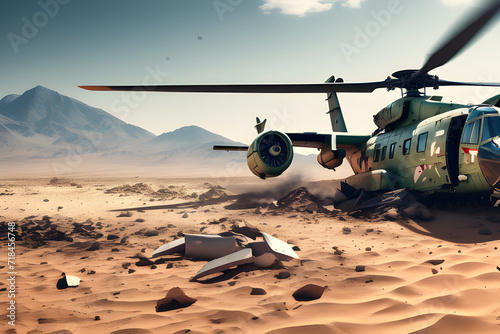 Remains of battle: After-effects and mission failures of a crashed military air force helicopter cut off in the middle of the desert, marked by a wide banner with radiant space area generative ai photo