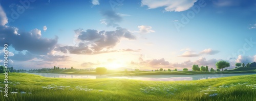 An illustration of a landscape with green grass and bright sunlight. Generative AI