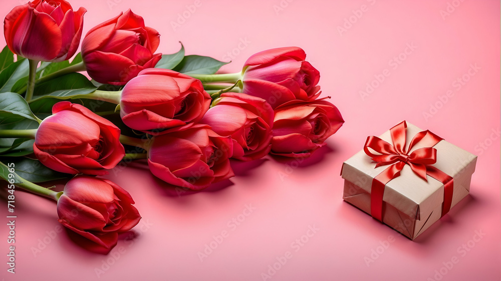 red tulips and gift on a pink background, top view, copy text, women's day and mother's day red tulips and gift on a pink background, top view, copy text, women's day and mother's day