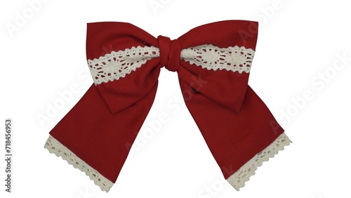 Maroon cotton fabric bow with beige lace embellishment - elegant design on white background