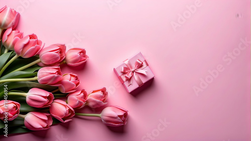 pink tulips and gift on a pink background, top view, copy text,  women's day and mother's day  © Mariana
