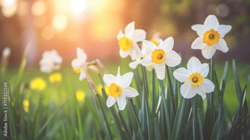 Daffodils bathed in warm sunlight, soft focus background