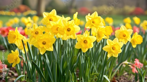 Cluster of yellow daffodils in a bright garden setting