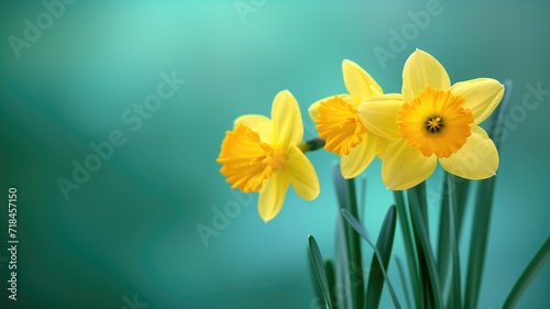 Vibrant yellow daffodils against a soft blue background