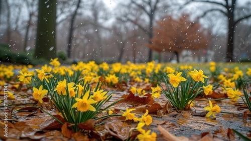 Daffodils emerging through fallen leaves on a rainy day