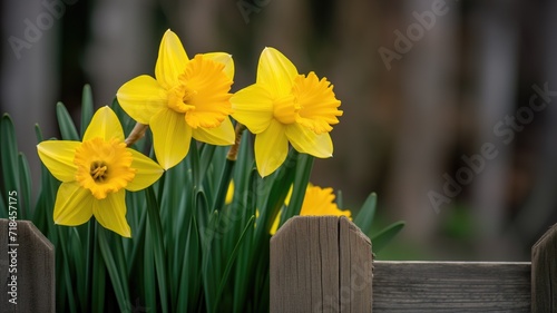 Bright yellow daffodils by a wooden fence, soft background