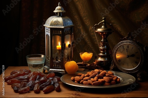 A brightly shining lantern with a pile of dates beside it. Generative AI