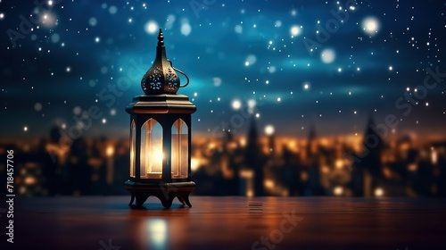 A hanging lantern shines against the backdrop of a city view at night. generative AI © original logo