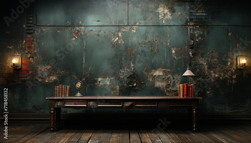 Dark old fashioned table with antique bookshelf, illuminated by electric lamp generated by AI