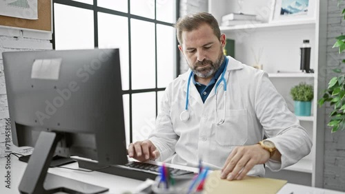 Wallpaper Mural Mature male doctor examining x-rays in clinic office with computer, grey hair, serious, man, interior, labcoat, professional, healthcare, concentration, stethoscope. Torontodigital.ca