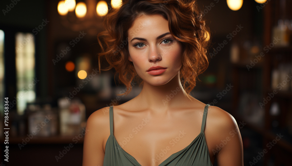 Young woman, beautiful and confident, looking at camera indoors generated by AI