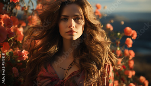 Young woman with long brown hair, looking at camera, outdoors generated by AI
