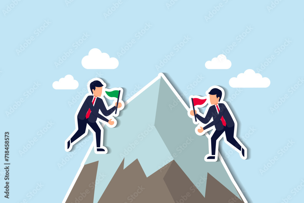 Business competition, businessman compete to win and reach success goal, challenge or career achievement concept, businessmen competitor climb up mountain to put winning flag at the mountain peak.