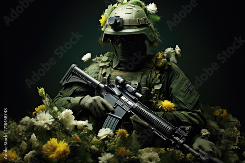 Soldier in Tactical Gear Amidst Flowers Symbolizing Peace and War