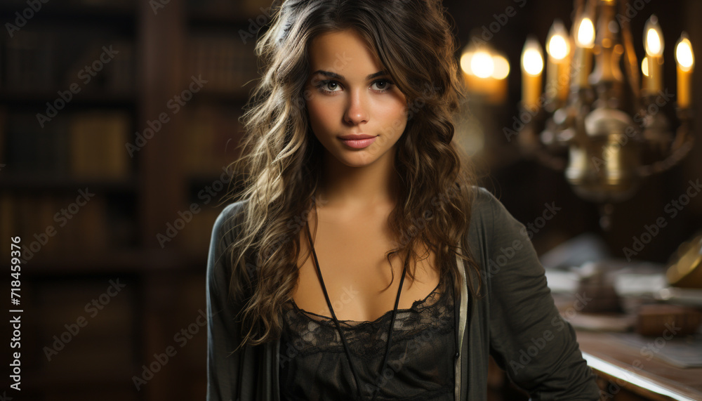 A beautiful young woman with brown hair looking confidently at camera generated by AI A beautiful young woman with brown hair looking confidently at camera generated by AI