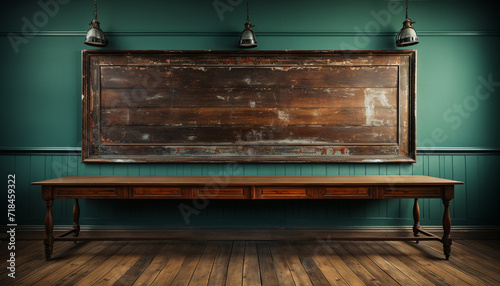 Modern rustic design with old fashioned wooden plank flooring and empty desk generated by AI © Jeronimo Ramos