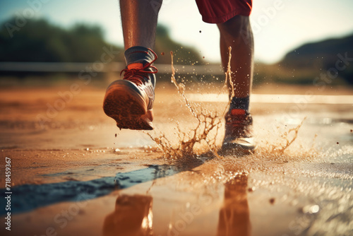 Dynamic Running Shoes Splashing Water on Track