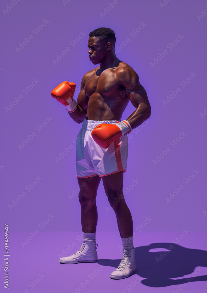 design with a muscular black boxer on a bright pastel background, bold minimalism, strong sunlight and contrast.