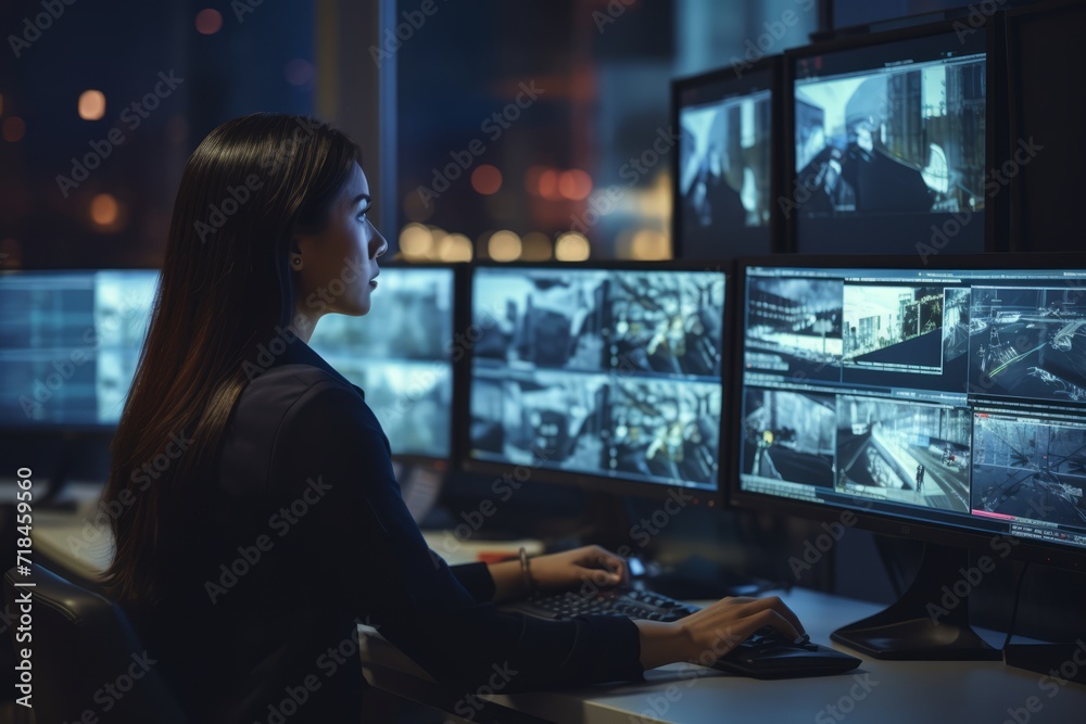 A dedicated female security camera operator vigilantly monitoring multiple screens in a high-tech surveillance room, embodying strength and focus - obrazy, fototapety, plakaty 
